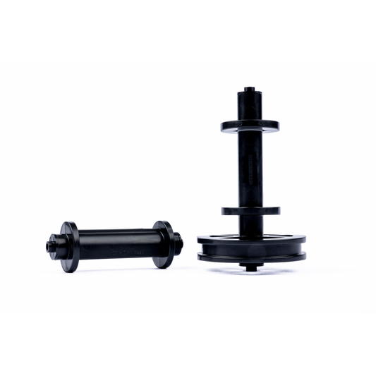 VaultLock 5 millimetre quick-release axle set: two black sleeves, one upright to show the splined disc.
