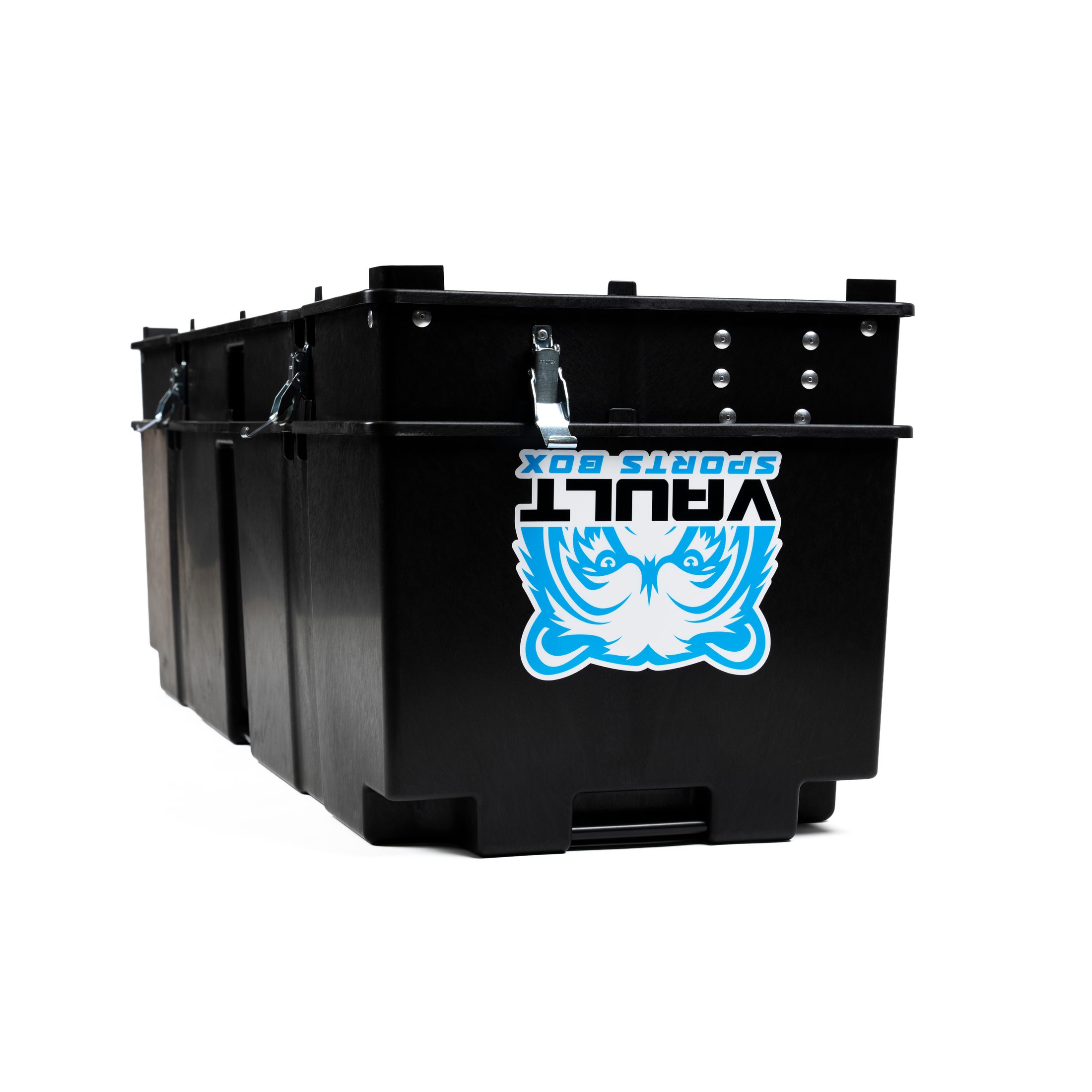 Vault Pro closed, viewed low from one end, with the moulded shell ribs and bear logo visible.