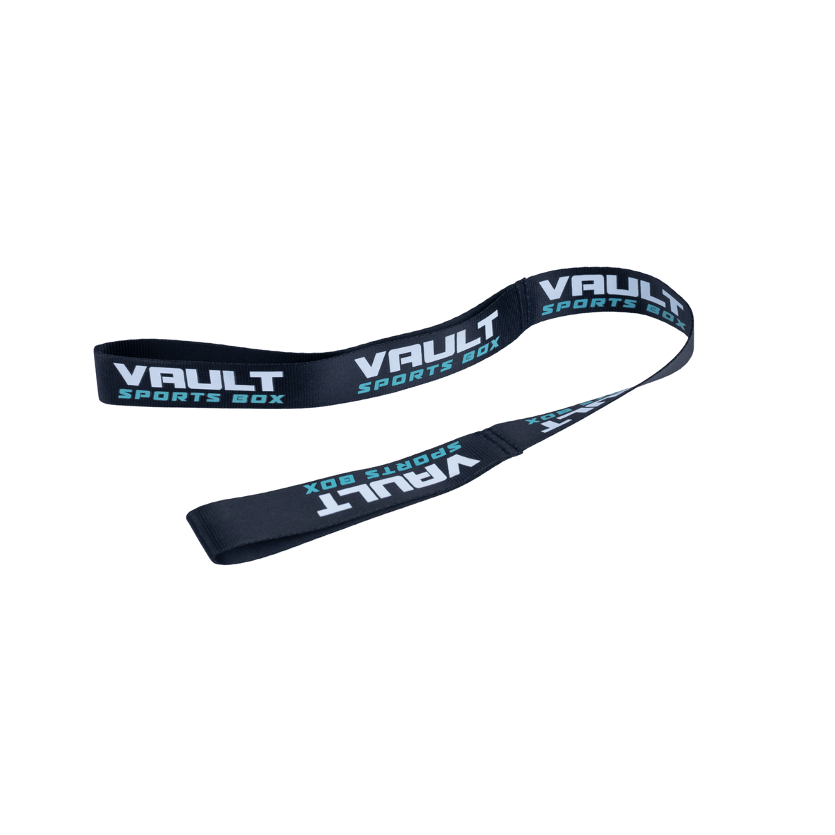 Vault Pro tow strap, a black nylon webbing loop printed repeatedly with the Vault Sports Box name.