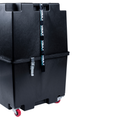 Load image into Gallery viewer, Vault Pro stood upright on its wheels with the tow strap fitted across the top for hauling.
