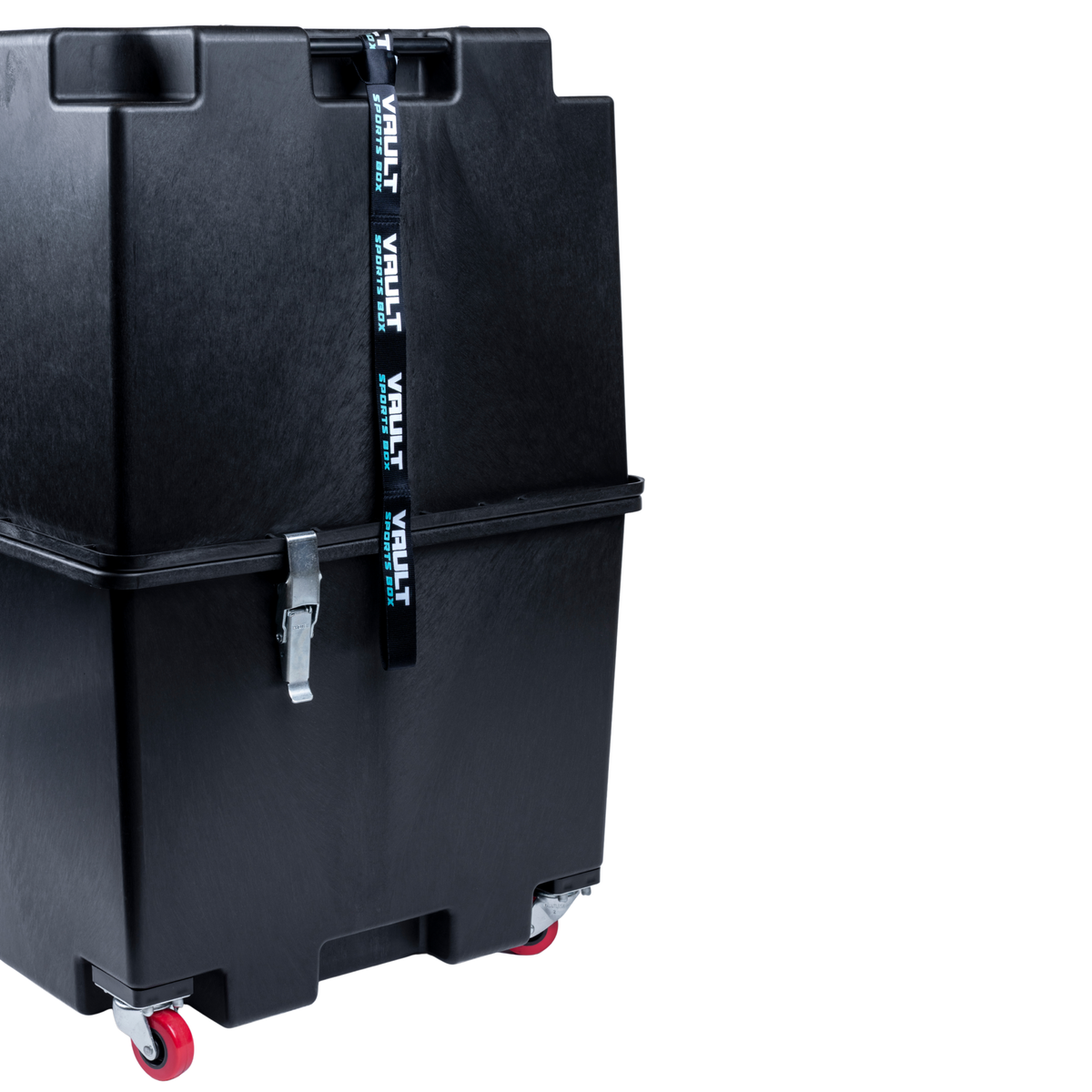 Vault Pro stood upright on its wheels with the tow strap fitted across the top for hauling.