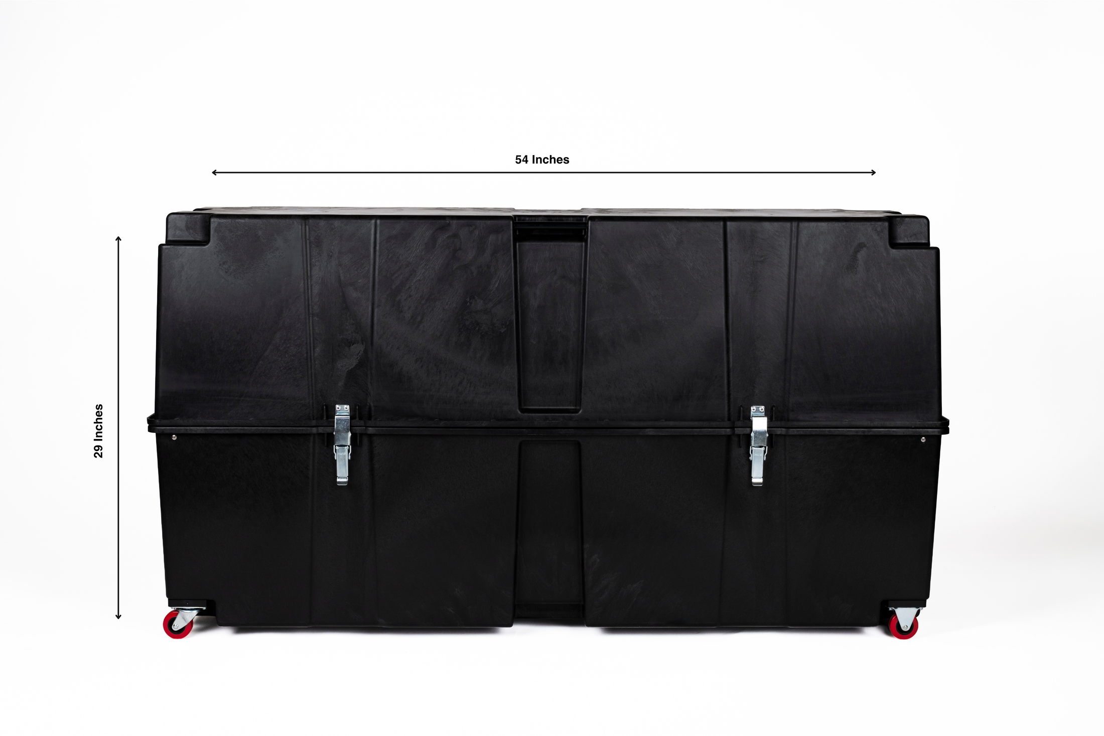 Vault Pro bike box closed, side on, with dimension callouts marking its length and height.