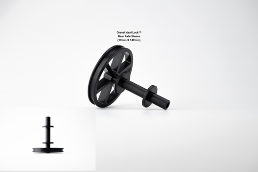 VaultLock rear axle sleeve for gravel bikes, a black sleeve with a splined disc, shown with its retaining bolt.