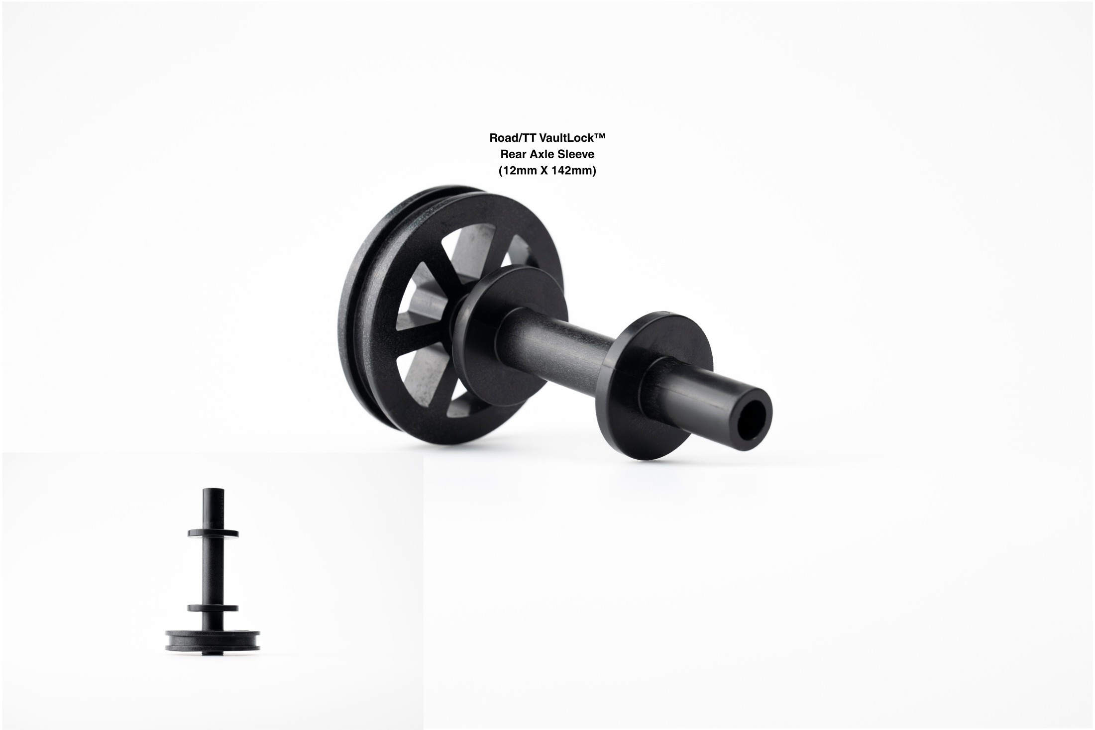 VaultLock rear axle sleeve for road and TT bikes, a black sleeve with a splined disc, shown with its retaining bolt.