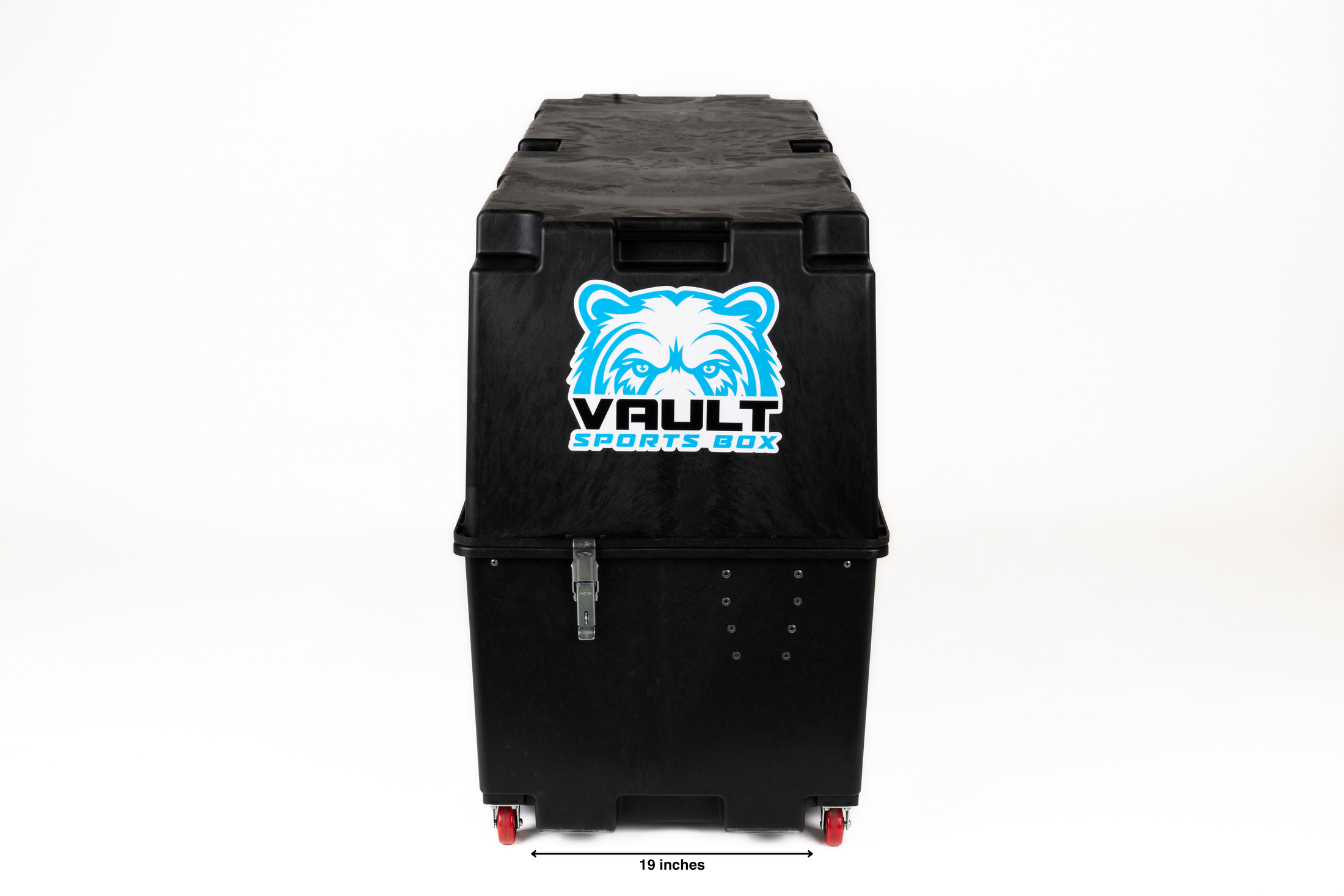 Vault Pro bike box closed and standing upright on its end, Vault Sports Box bear logo facing forward.
