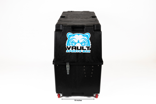 Vault Pro bike box closed and standing upright on its end, Vault Sports Box bear logo facing forward.