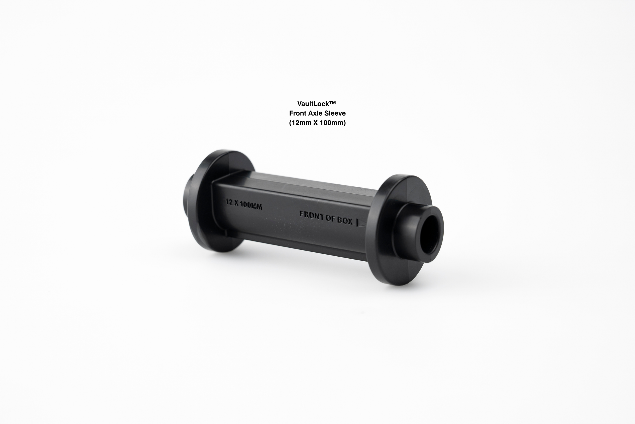 VaultLock front axle sleeve, a black cylinder with a shouldered cap at each end, for 12 by 100 millimetre thru-axles.