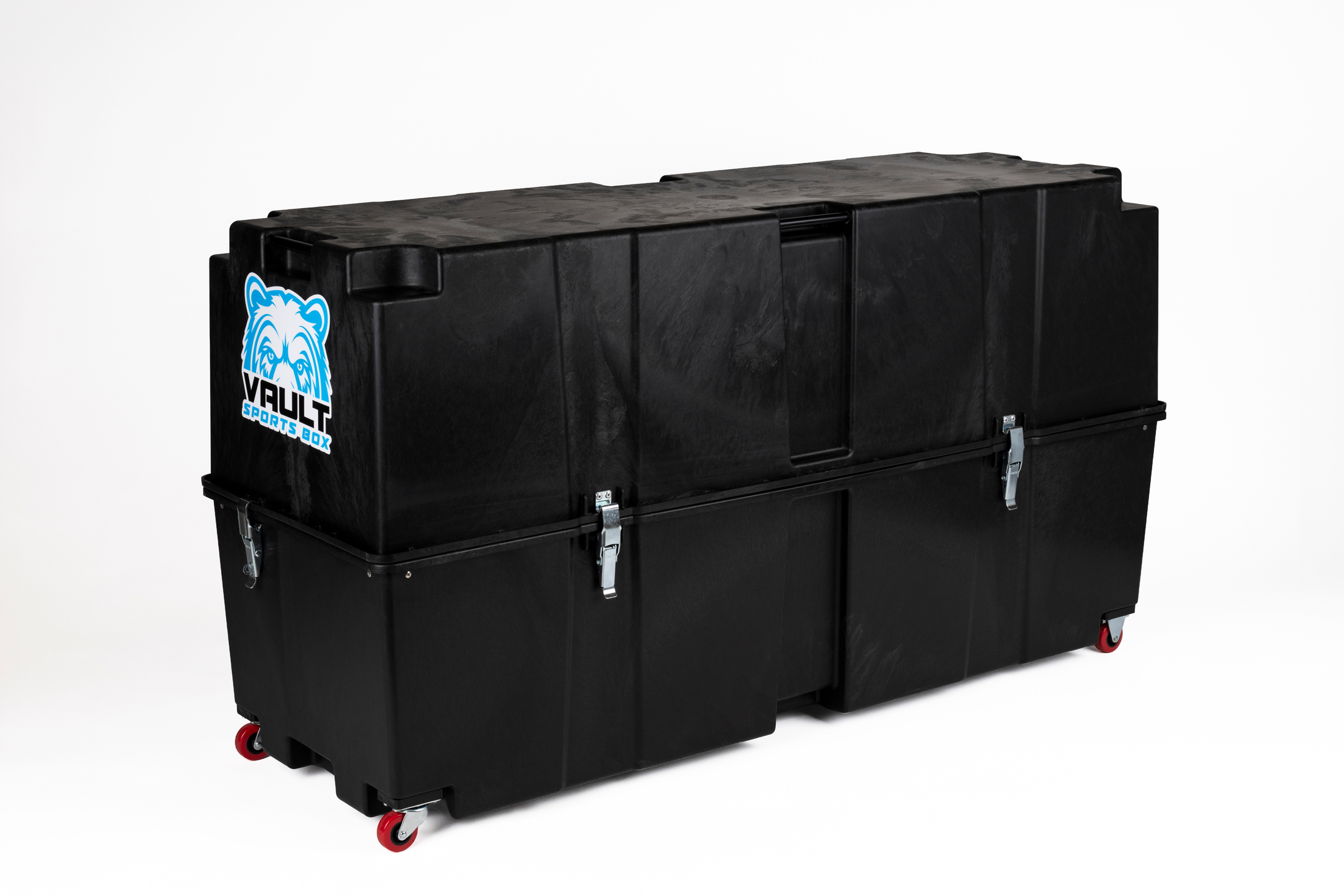 Vault Pro bike box closed, three-quarter view, showing the two latches along the seam and the red wheels at one end.